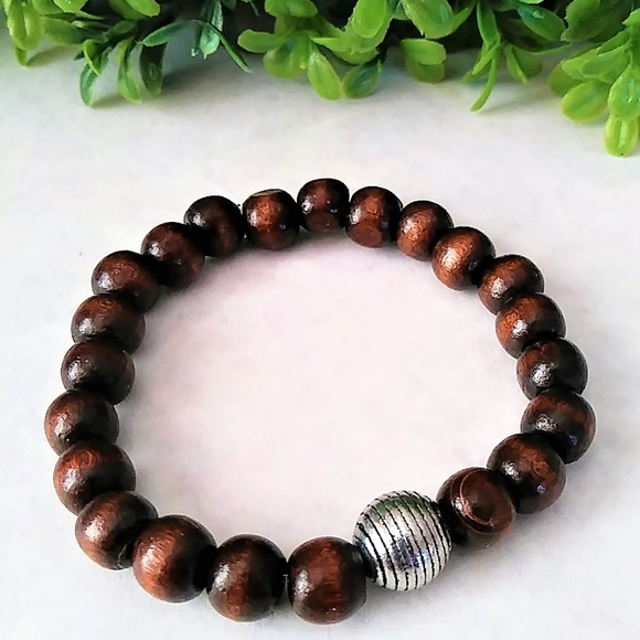New Mens Wood Beaded Bracelet with Silver Accent - Picture 3 of 6
